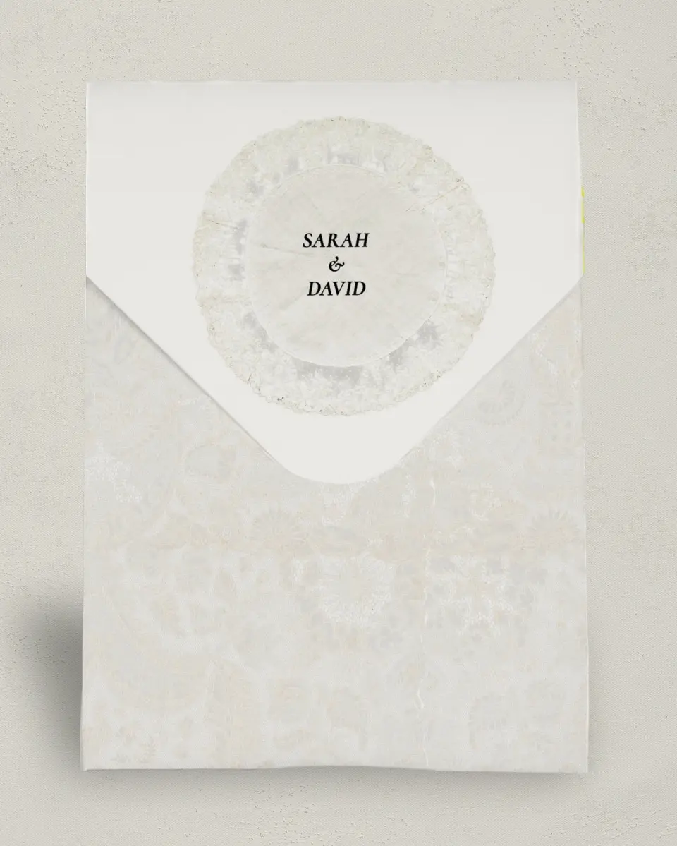 This is a 6.5" x 9" Wedding Favor Boxe called Trimmed Lace printed in full color with Gold foil
