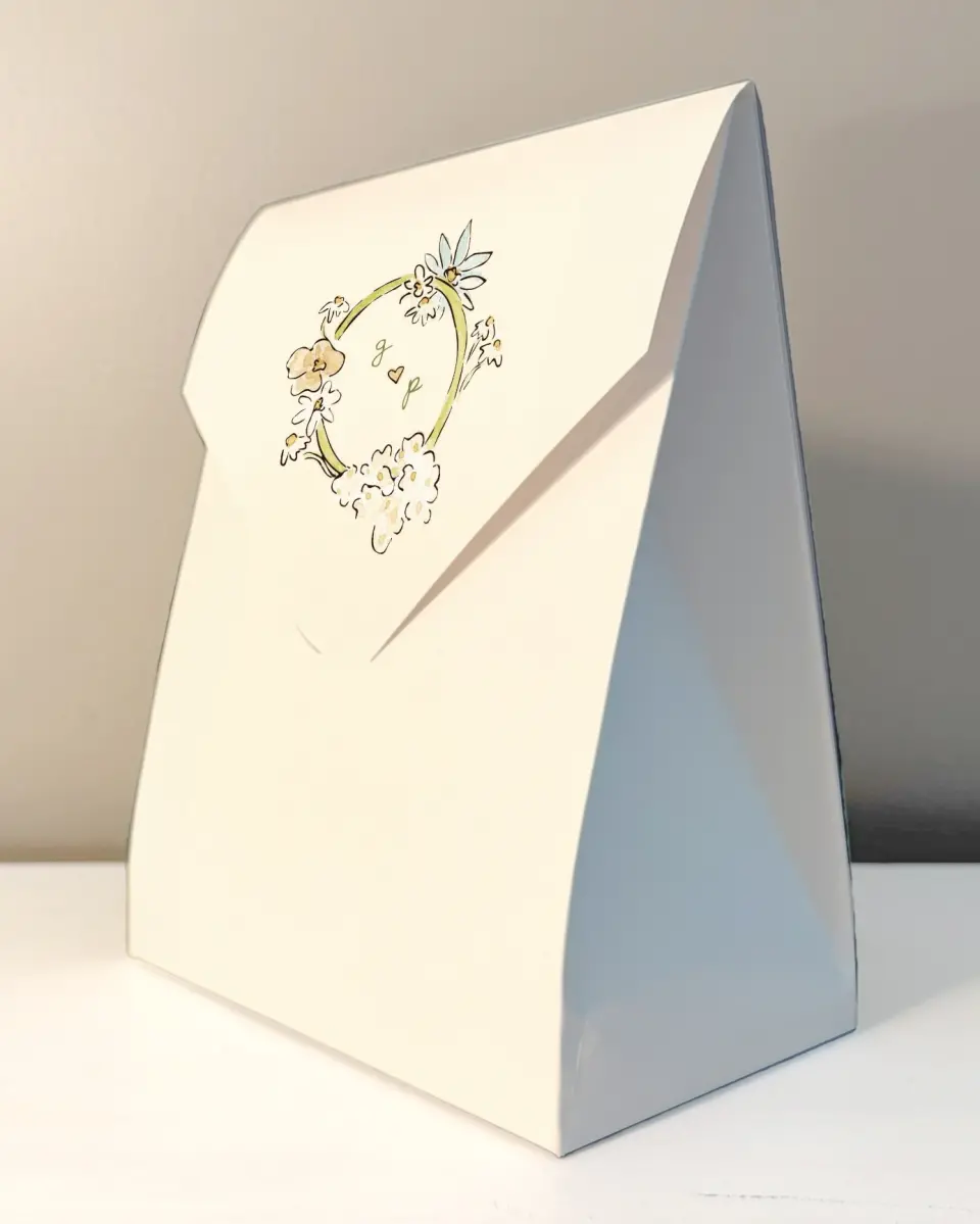 This is a 6.5" x 9" Wedding Favor Boxe called Soft Garden Vows printed in full color with Rose Gold foil