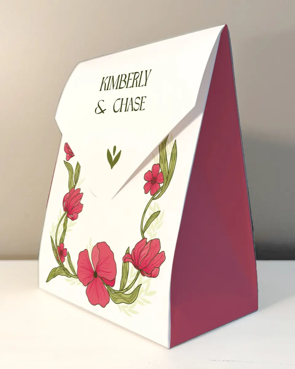This is a 6.5" x 9" Wedding Favor Boxe called Nouveau Romance printed in full color with Rose Gold foil