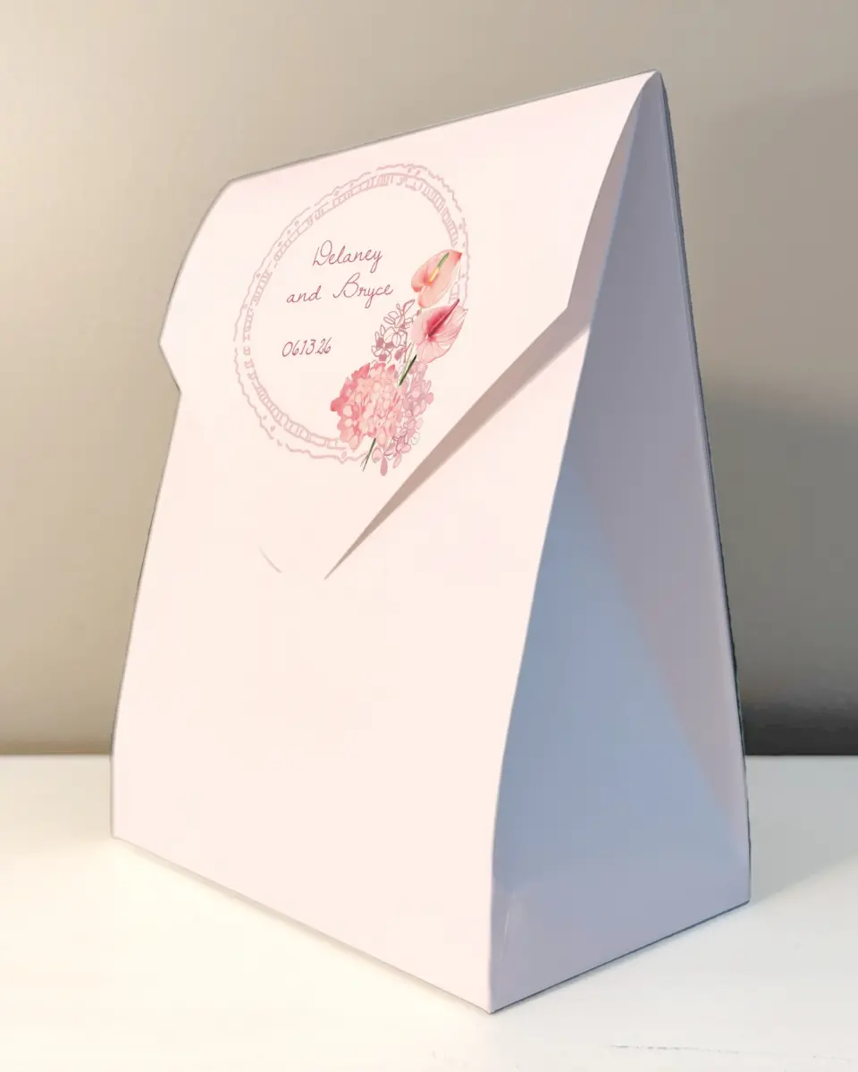 This is a 6.5" x 9" Wedding Favor Boxe called Blushing Whimsy printed in full color with Silver foil