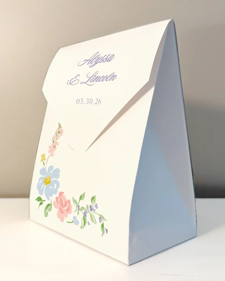 This is a 6.5" x 9" Wedding Favor Boxe called Gentle Garden printed in full color with Gold foil