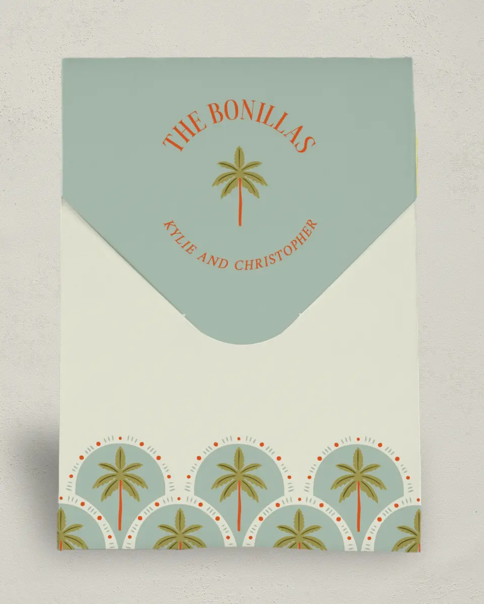 This is a 6.5" x 9" Wedding Favor Boxe called Tropical Treasure printed in full color with Gold foil