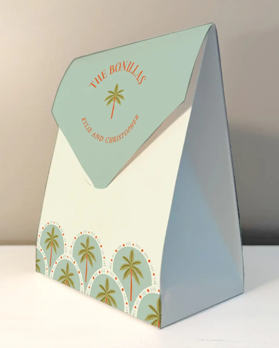 This is a 6.5" x 9" Wedding Favor Boxe called Tropical Treasure printed in full color with Gold foil