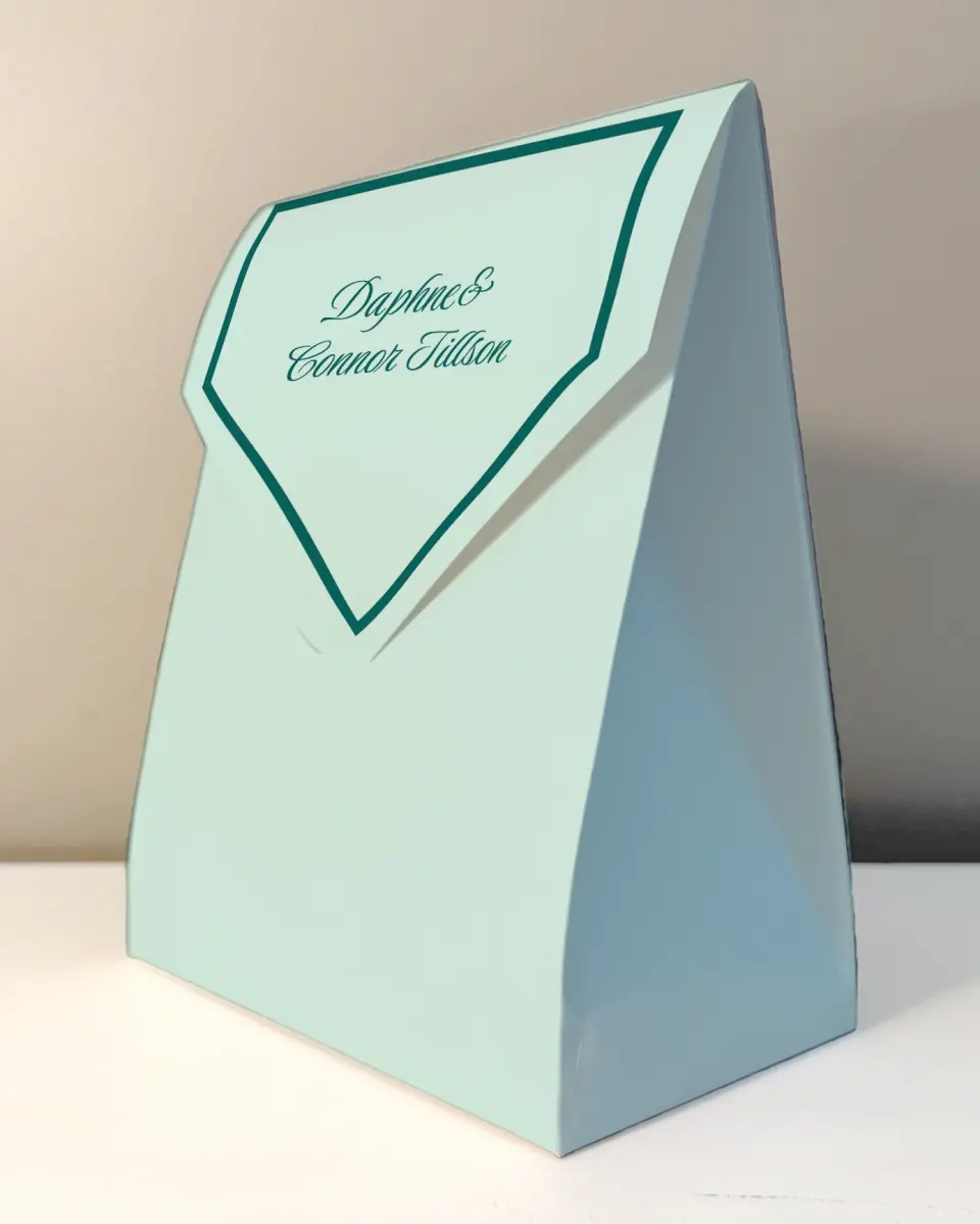 This is a 6.5" x 9" Wedding Favor Boxe called Faithful Frame printed in full color with Gold foil