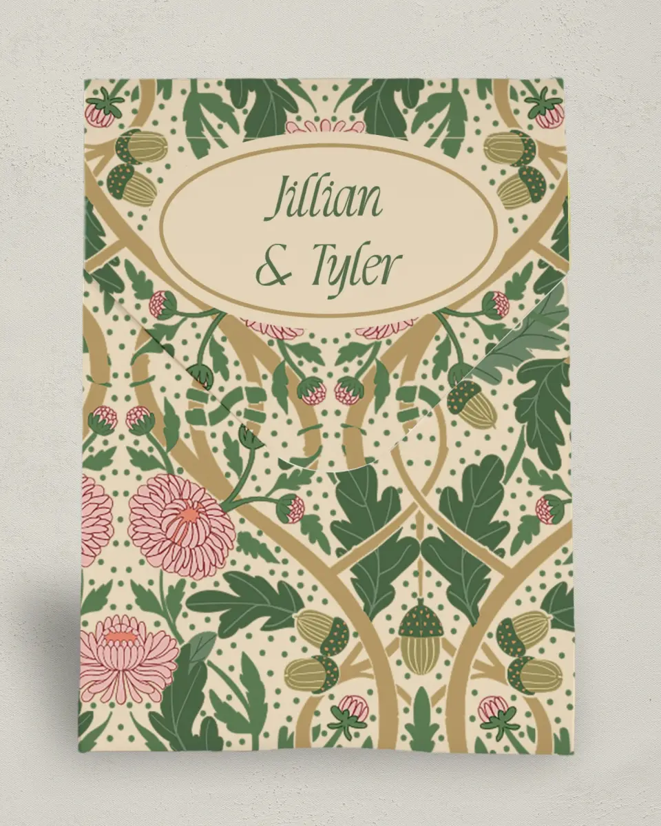 This is a 6.5" x 9" Wedding Favor Boxe called Regal Garden printed in full color with Gold foil