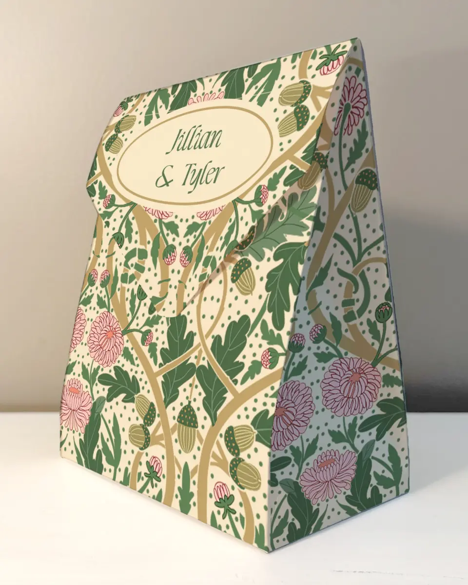This is a 6.5" x 9" Wedding Favor Boxe called Regal Garden printed in full color with Rose Gold foil