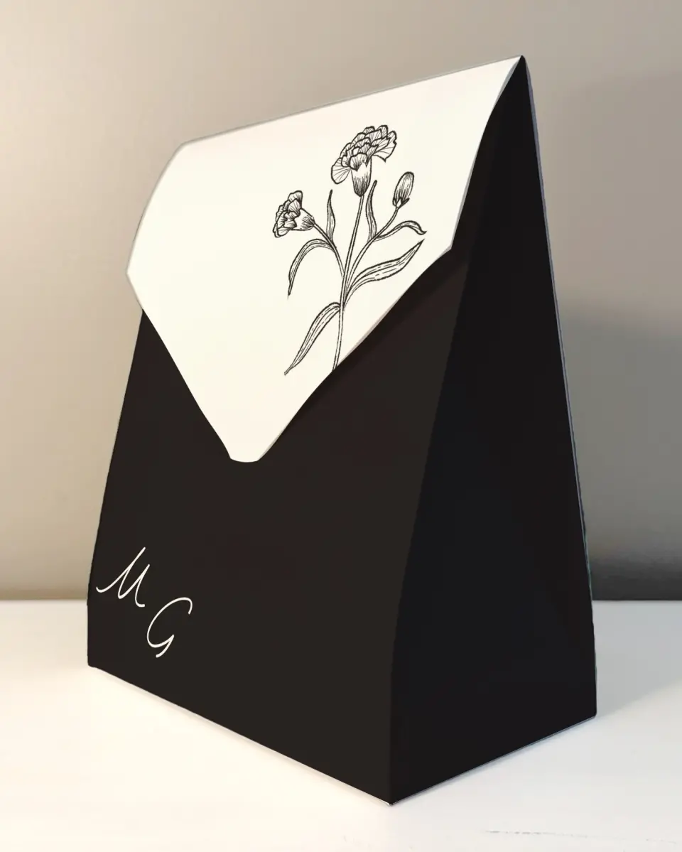 This is a 6.5" x 9" Wedding Favor Boxe called Opulent Endearment printed in full color with Rose Gold foil