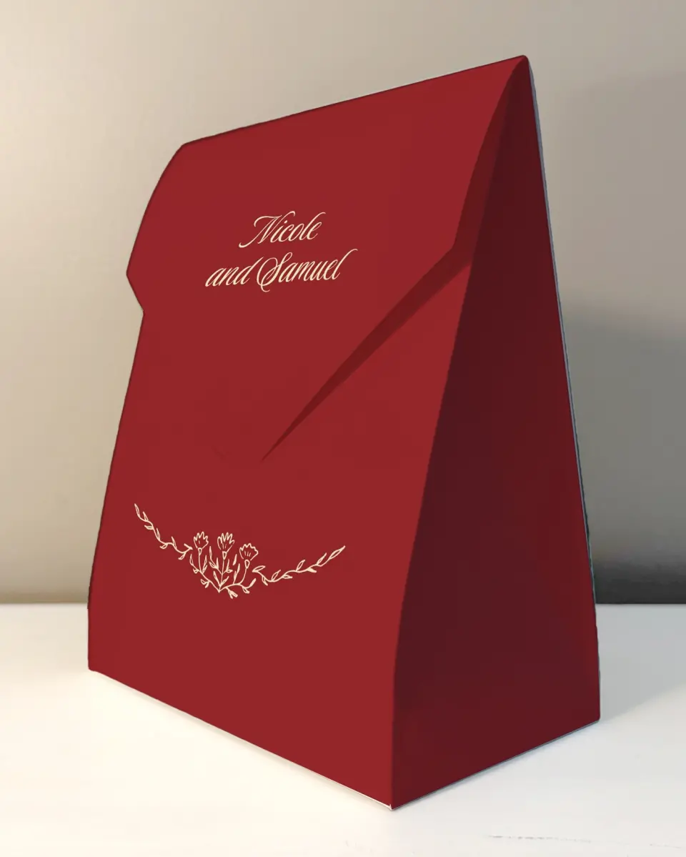 This is a 6.5" x 9" Wedding Favor Boxe called Bloom & Crest printed in full color with Rose Gold foil