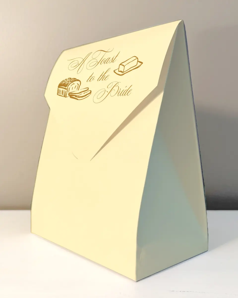 This is a 6.5" x 9" Wedding Favor Boxe called Toast to the Bride printed in full color