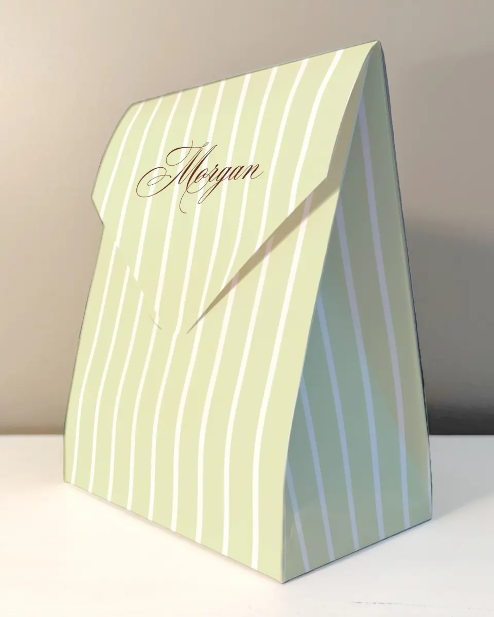 This is a 6.5" x 9" Wedding Favor Boxe called Elegant Stripe printed in full color with Rose Gold foil