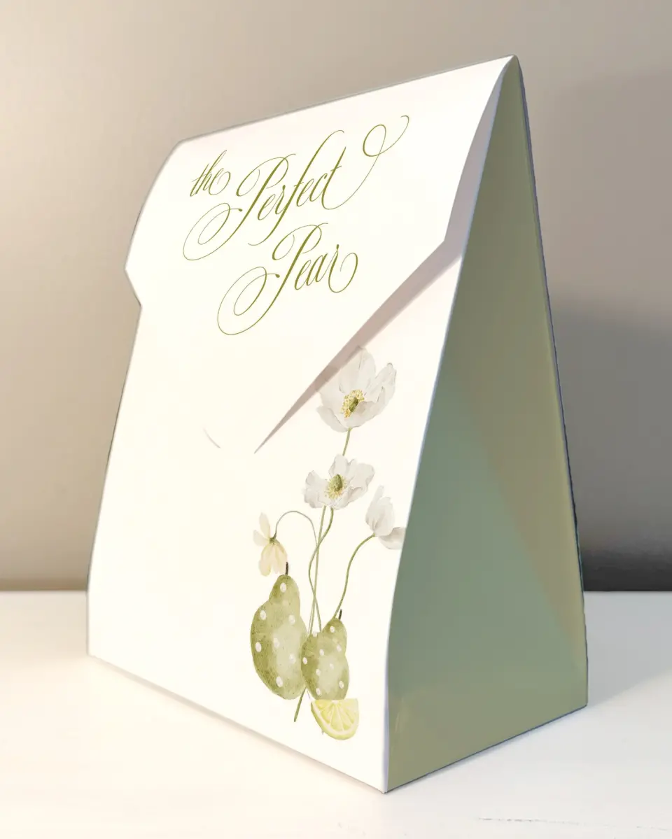 This is a 6.5" x 9" Wedding Favor Boxe called Perfect Pear printed in full color