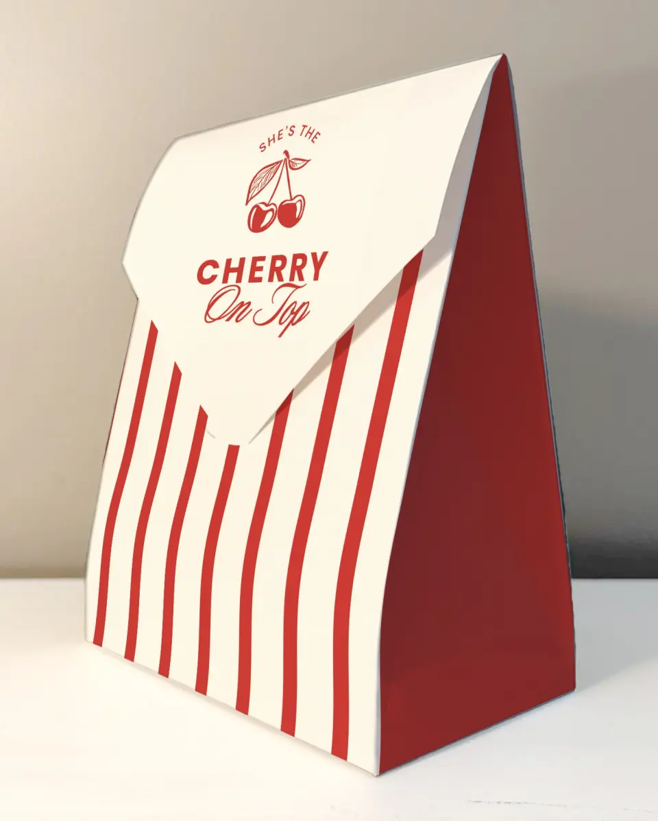 This is a 6.5" x 9" Wedding Favor Boxe called Cherry on Top printed in full color
