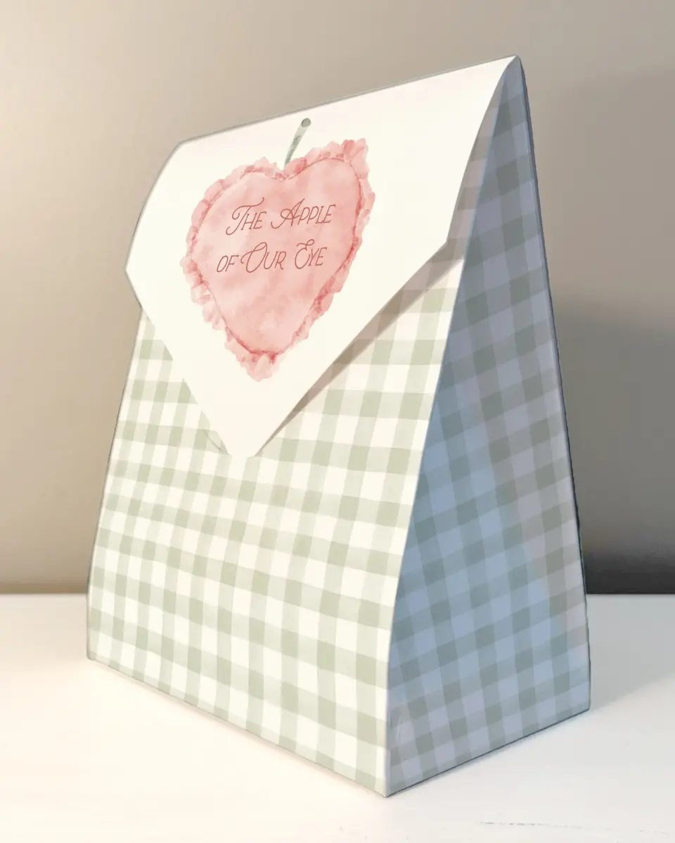 This is a 6.5" x 9" Wedding Favor Boxe called Apple of Our Eye printed in full color