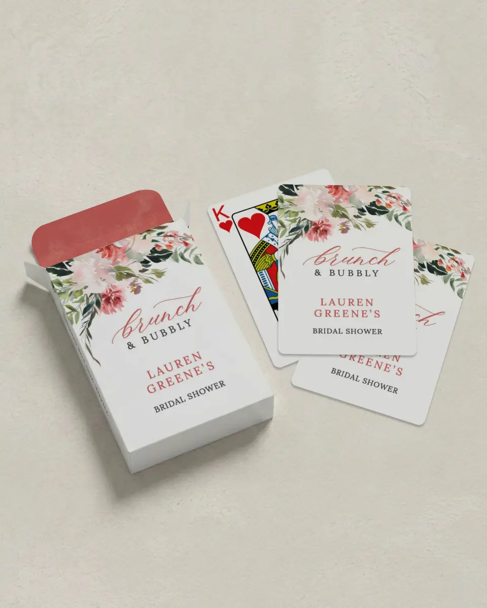 This is a 2.7" x 3.6" box; 2.5" x 3.5" card Wedding Playing Card called Blooming Brunch printed in full color with Silver foil