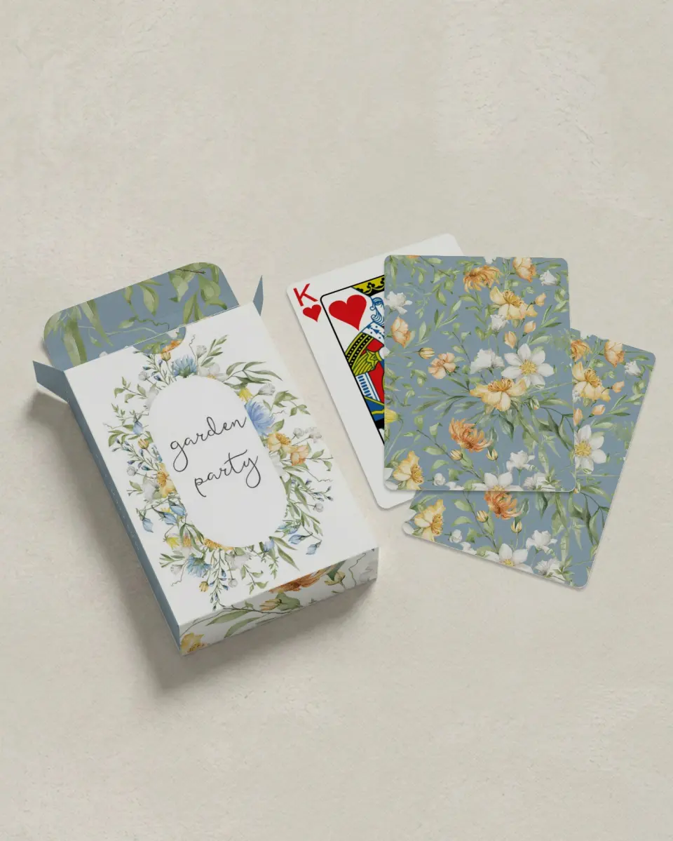 This is a 2.7" x 3.6" box; 2.5" x 3.5" card Wedding Playing Card called Garden Party printed in full color with Silver foil