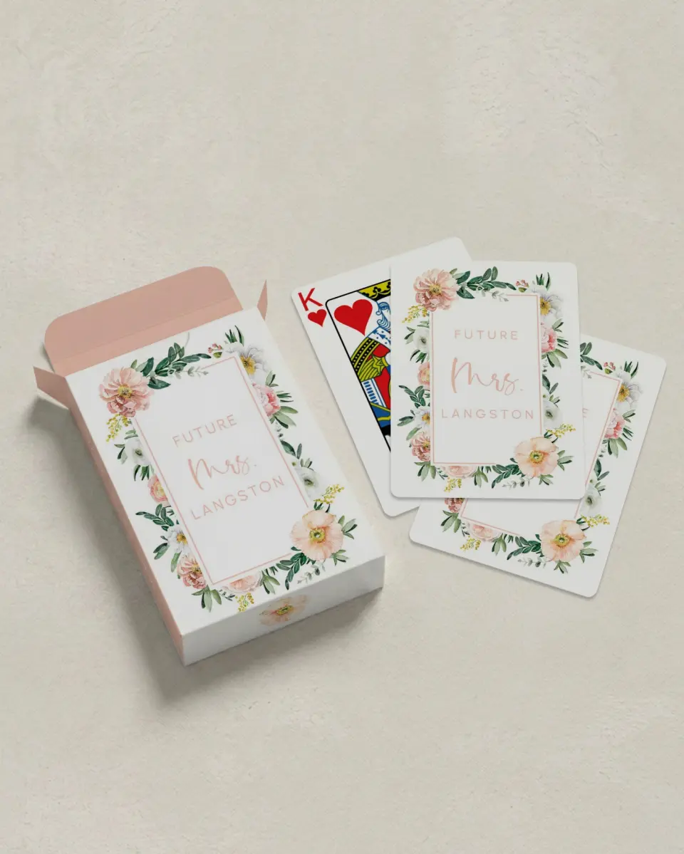 This is a 2.7" x 3.6" box; 2.5" x 3.5" card Wedding Playing Card called Pink Blossoms printed in full color