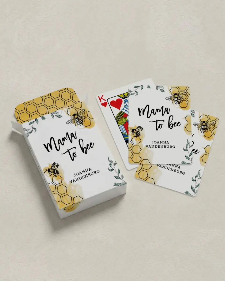 This is a 2.7" x 3.6" box; 2.5" x 3.5" card Wedding Playing Card called Mama to Bee printed in full color