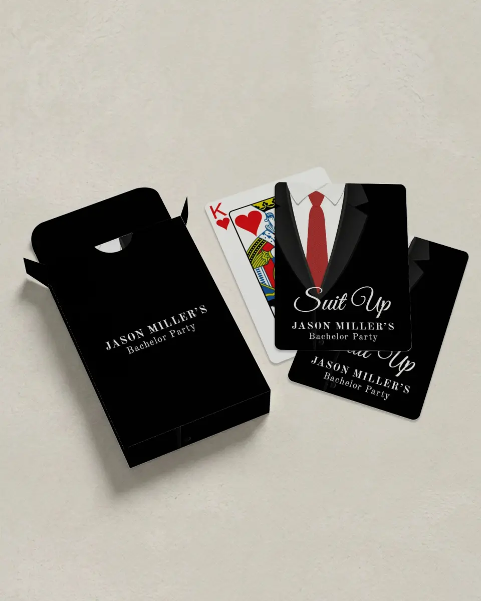 This is a 2.7" x 3.6" box; 2.5" x 3.5" card Wedding Playing Card called Suit Up printed in full color