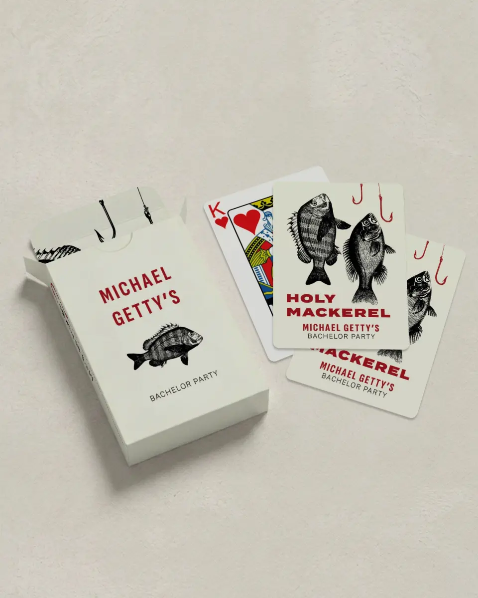 This is a 2.7" x 3.6" box; 2.5" x 3.5" card Wedding Playing Card called Holy Mackerel printed in full color