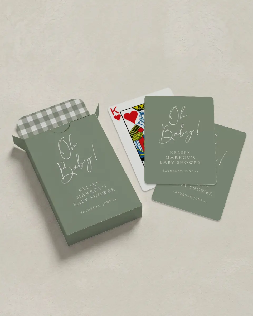 This is a 2.7" x 3.6" box; 2.5" x 3.5" card Wedding Playing Card called Oh Baby printed in full color with Gold foil