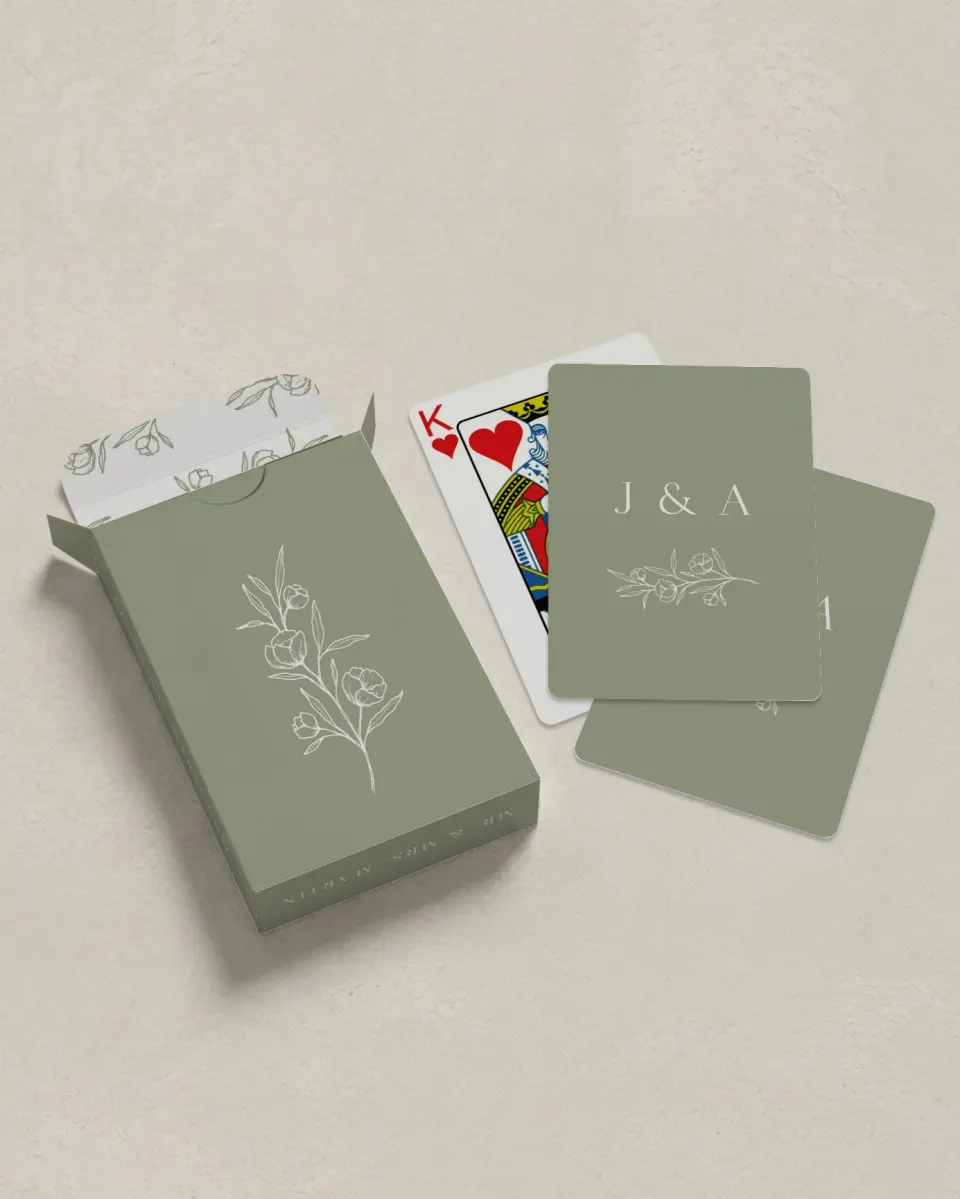 This is a 2.7" x 3.6" box; 2.5" x 3.5" card Wedding Playing Card called The Jasmine printed in full color
