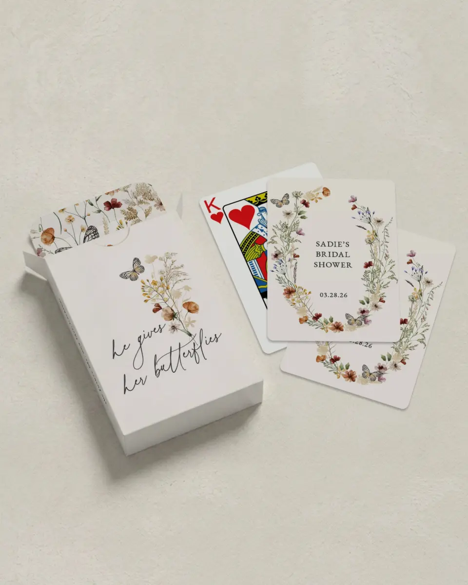 This is a 2.7" x 3.6" box; 2.5" x 3.5" card Wedding Playing Card called Gives Her Butterflies printed in full color with Silver foil