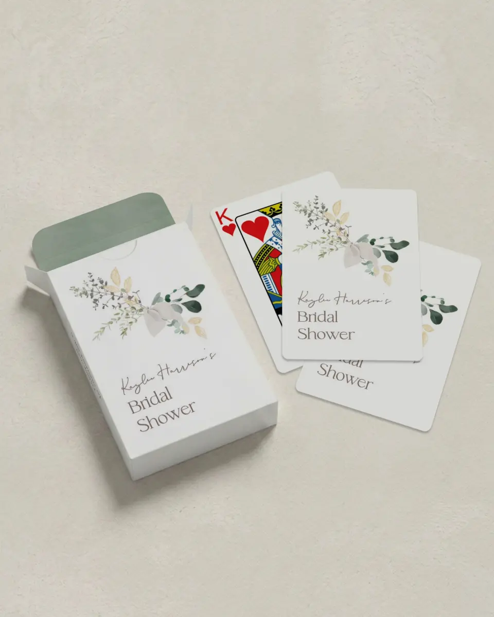This is a 2.7" x 3.6" box; 2.5" x 3.5" card Wedding Playing Card called Botanical Bow printed in full color