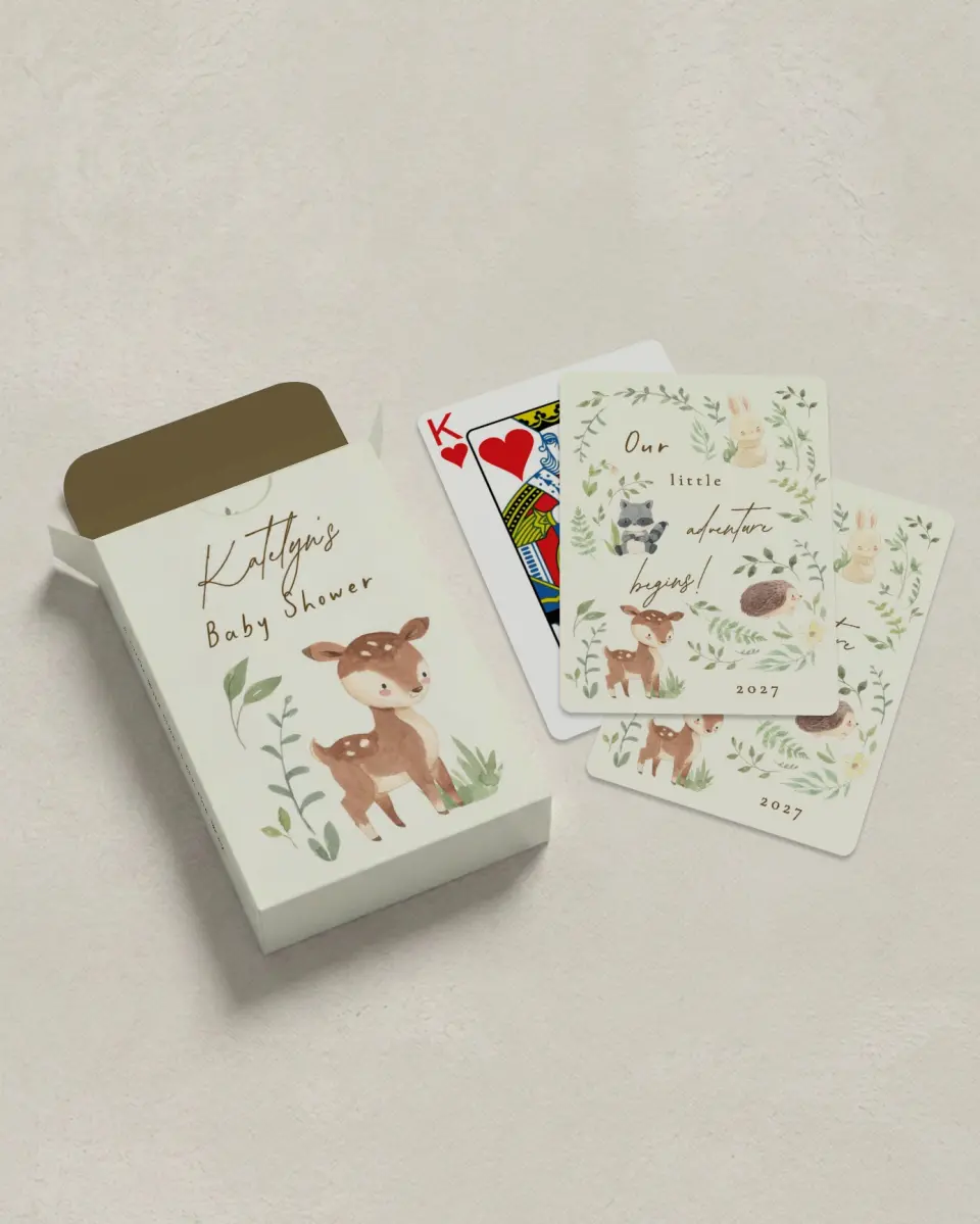 This is a 2.7" x 3.6" box; 2.5" x 3.5" card Wedding Playing Card called Forest Friends printed in full color