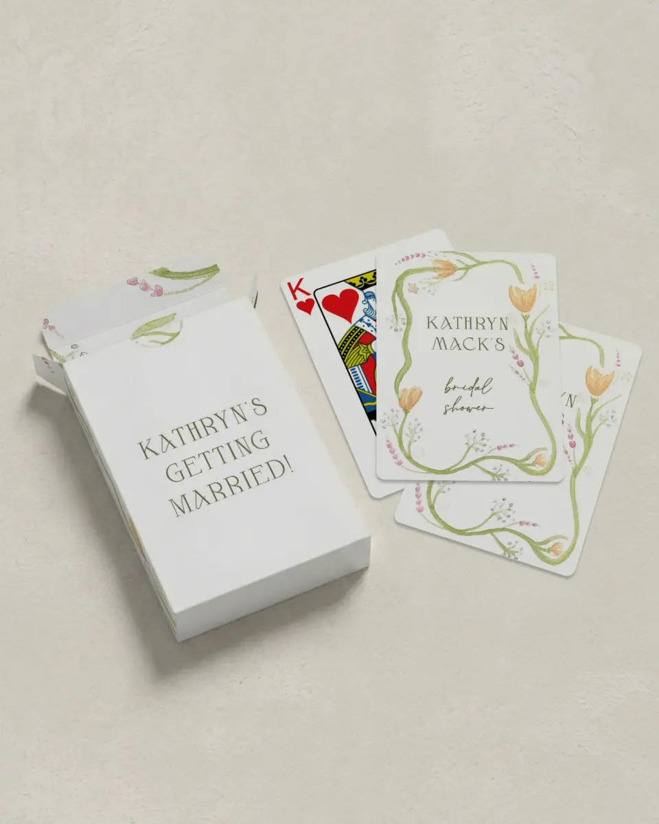 This is a 2.7" x 3.6" box; 2.5" x 3.5" card Wedding Playing Card called Garden Party printed in full color