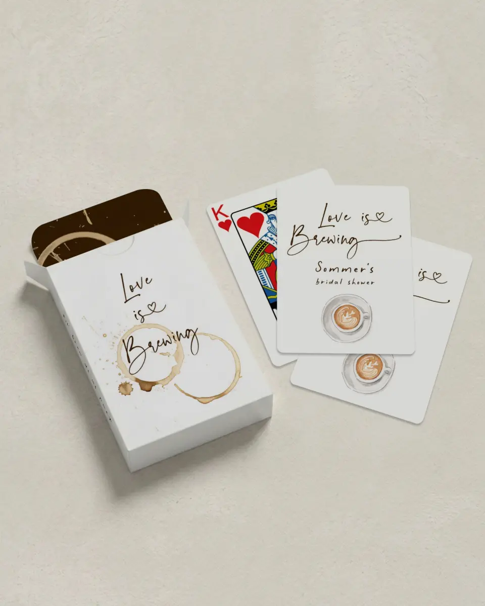 This is a 2.7" x 3.6" box; 2.5" x 3.5" card Wedding Playing Card called Love is Brewing printed in full color with Silver foil