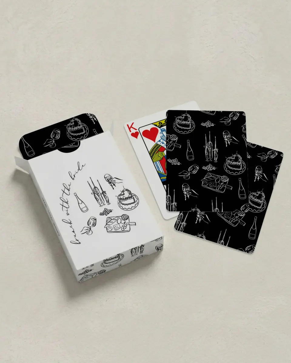 This is a 2.7" x 3.6" box; 2.5" x 3.5" card Wedding Playing Card called Stay a While printed in full color with Silver foil