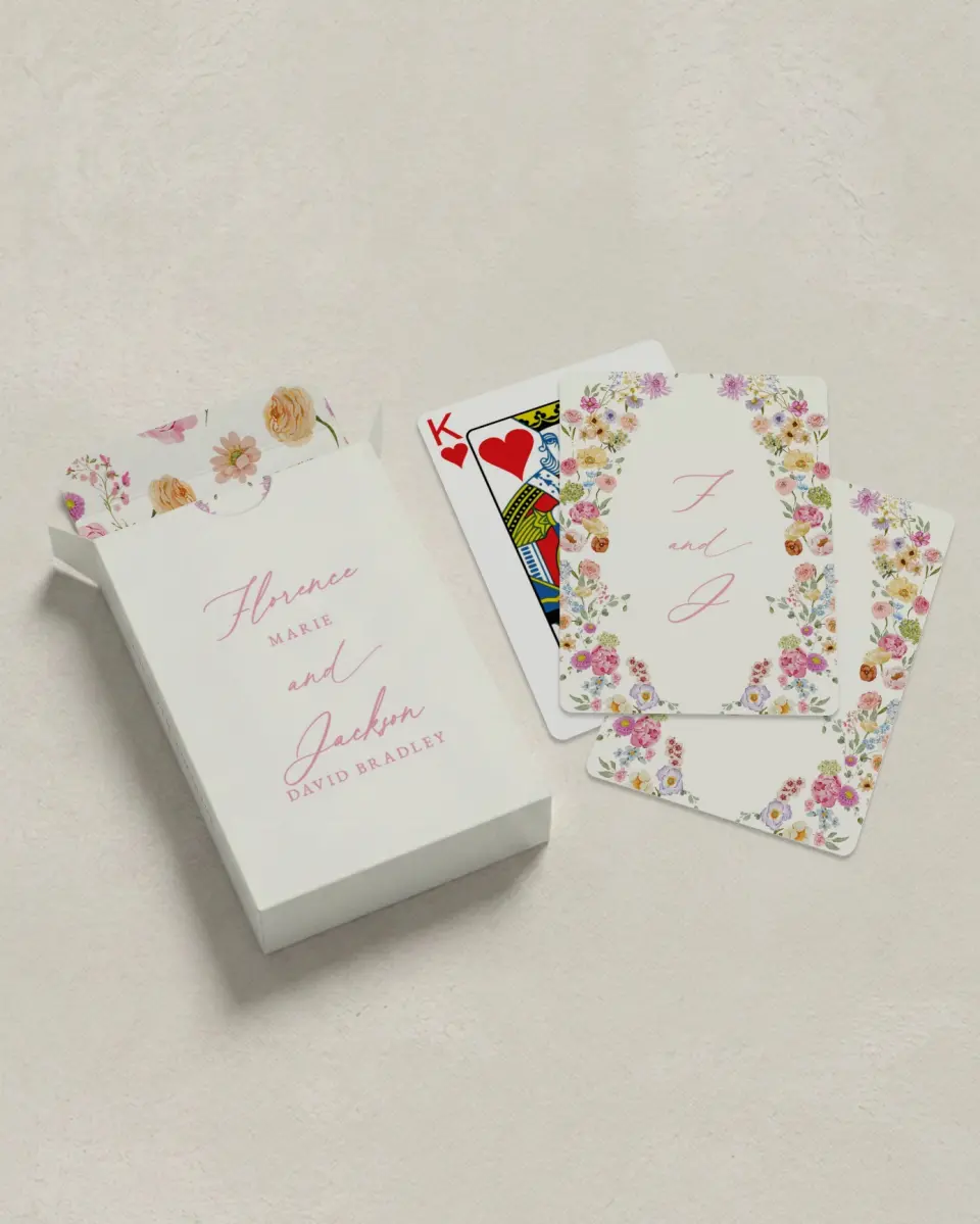 This is a 2.7" x 3.6" box; 2.5" x 3.5" card Wedding Playing Card called The Florence printed in full color
