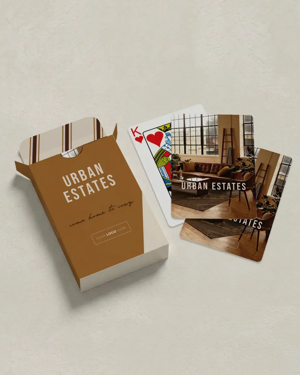 This is a 2.7" x 3.6" box; 2.5" x 3.5" card Business Playing Card called Urban Essence printed in full color