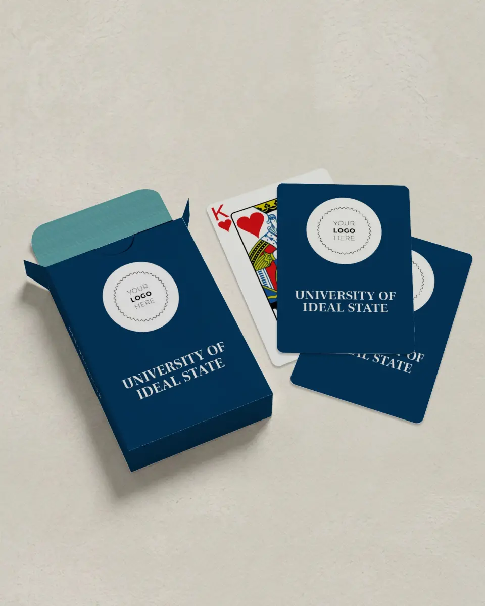This is a 2.7" x 3.6" box; 2.5" x 3.5" card Business Playing Card called Spirited Academics printed in full color with Silver foil