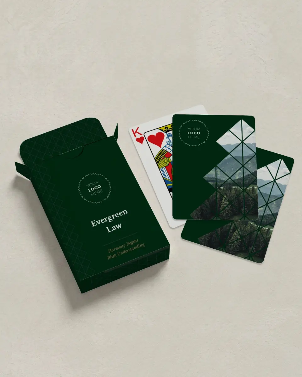This is a 2.7" x 3.6" box; 2.5" x 3.5" card Business Playing Card called Enduring Evergreen printed in full color with Silver foil