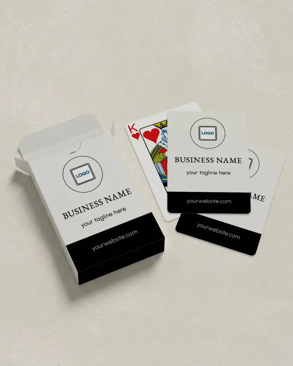 This is a 2.7" x 3.6" box; 2.5" x 3.5" card Business Playing Card called Elevate Works printed in full color with Silver foil