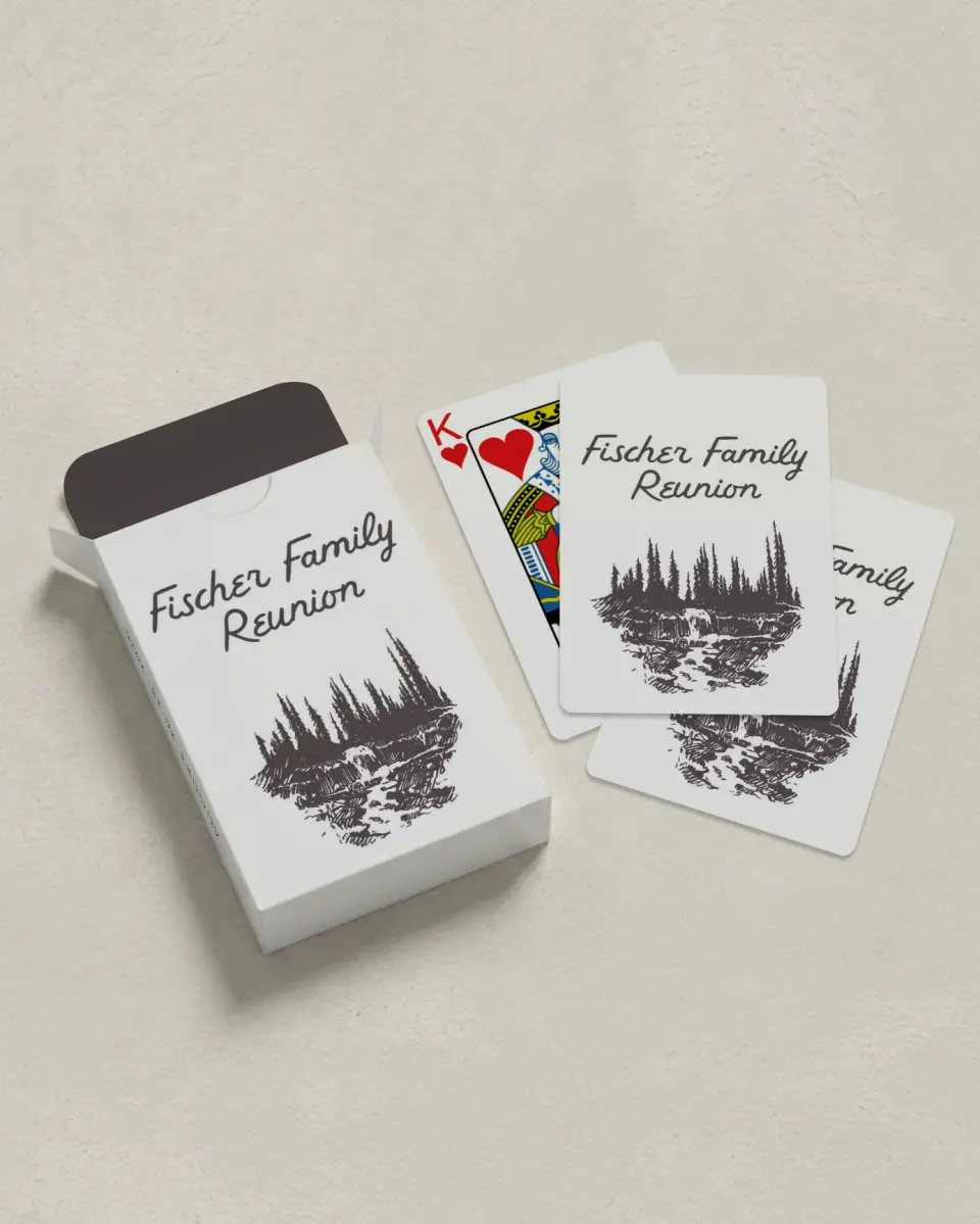 This is a 2.7" x 3.6" box; 2.5" x 3.5" card Business Playing Card called Mountain Mamma printed in full color with Gold foil