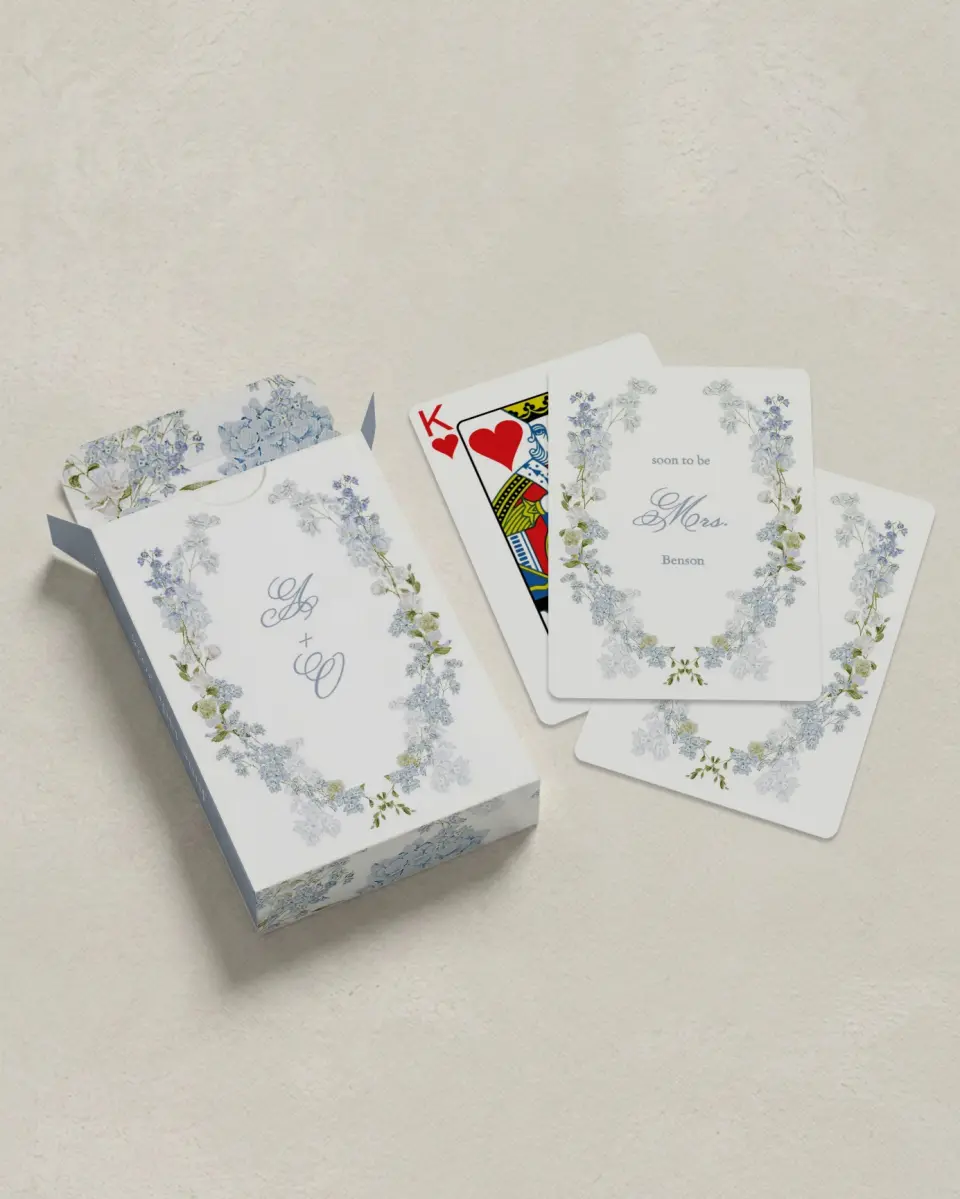 This is a 2.7" x 3.6" box; 2.5" x 3.5" card Wedding Playing Card called Bridal Blossoms printed in full color with Silver foil