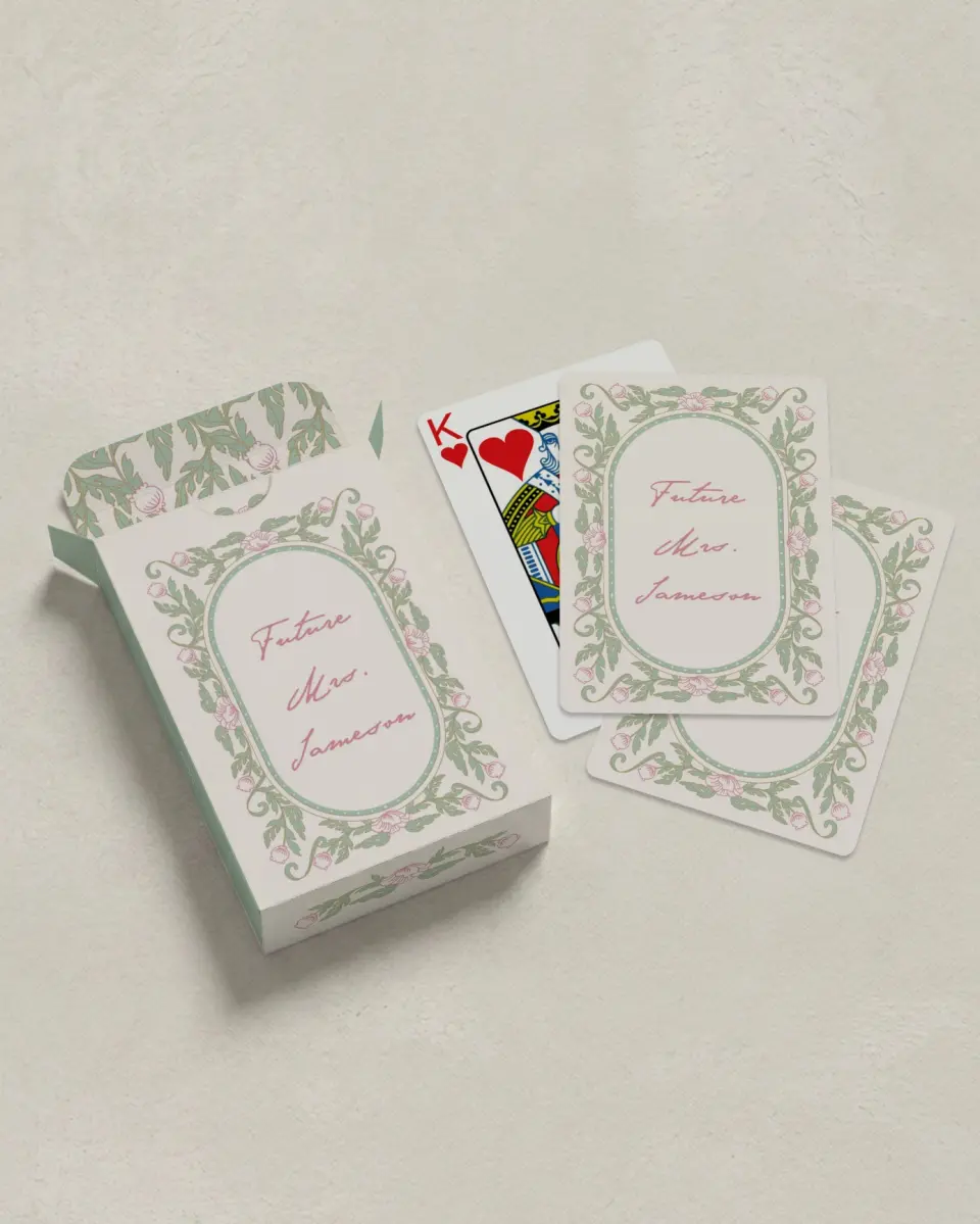 This is a 2.7" x 3.6" box; 2.5" x 3.5" card Wedding Playing Card called Secret Meadow printed in full color