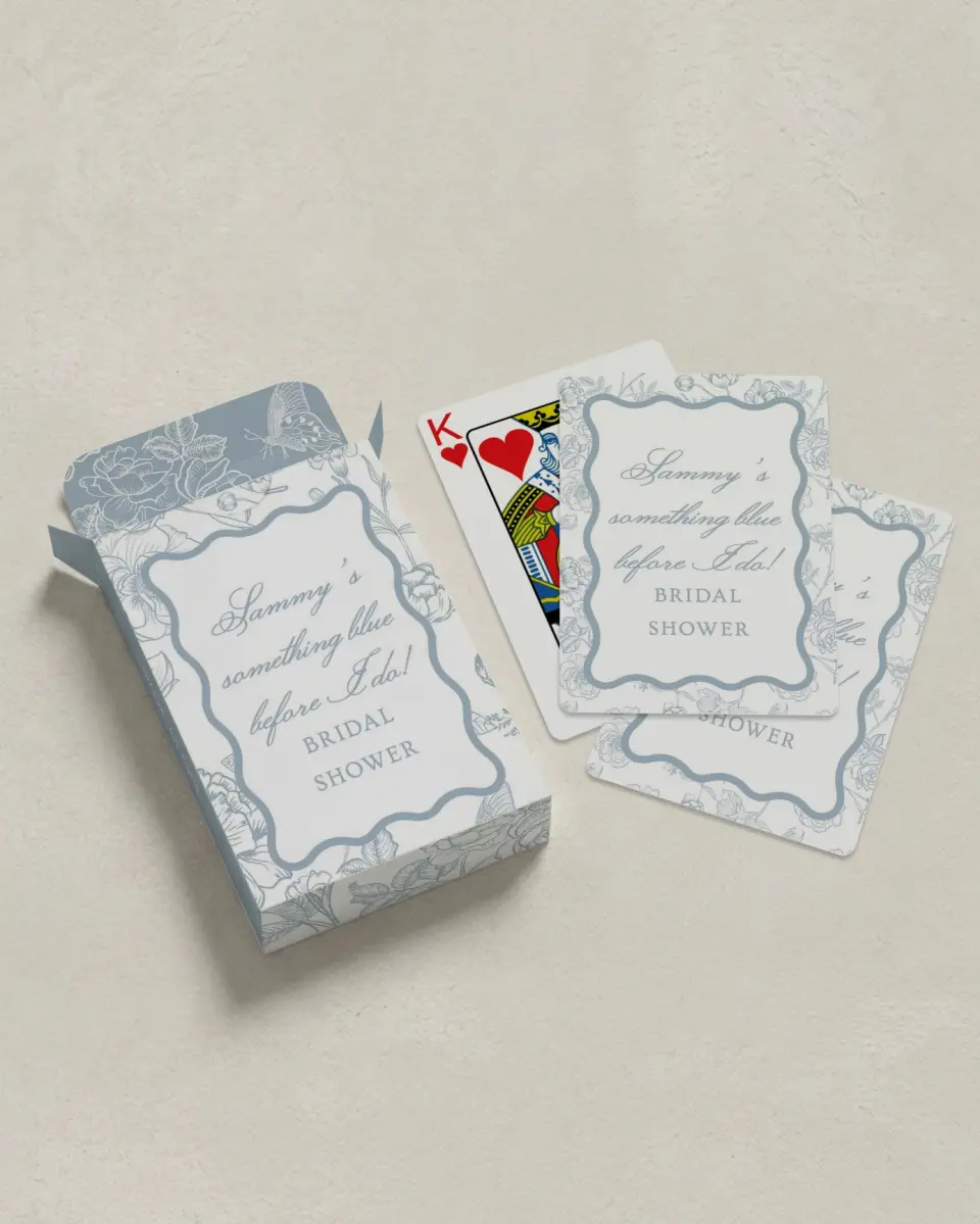 This is a 2.7" x 3.6" box; 2.5" x 3.5" card Wedding Playing Card called Something Blue printed in full color with Silver foil