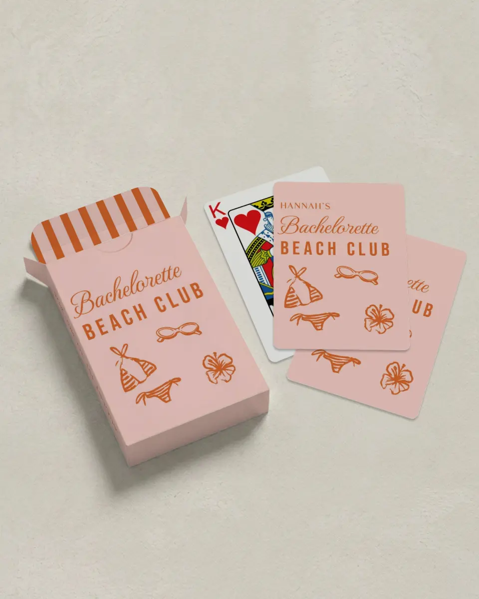 This is a 2.7" x 3.6" box; 2.5" x 3.5" card Wedding Playing Card called Bach Beach Club printed in full color