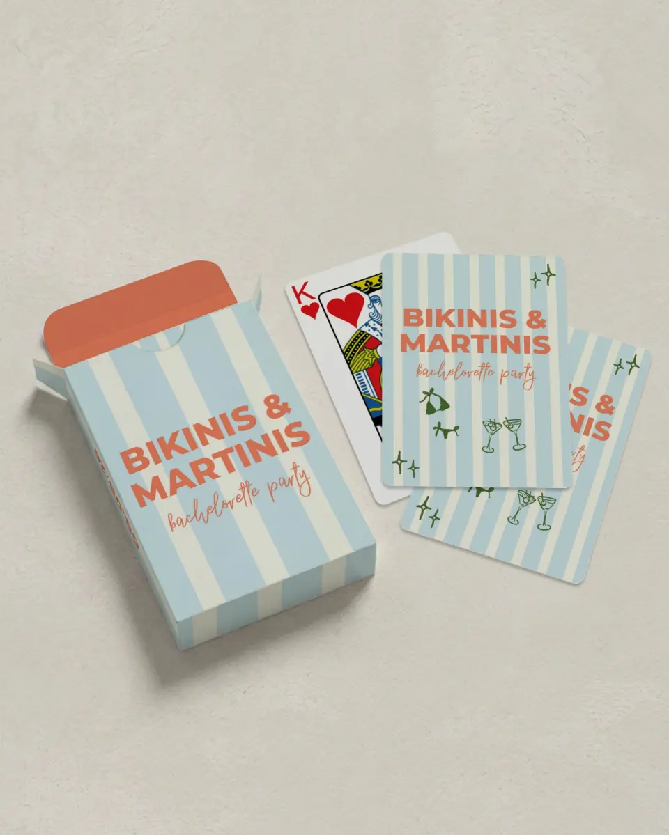 This is a 2.7" x 3.6" box; 2.5" x 3.5" card Wedding Playing Card called Bikinis & Martinis printed in full color
