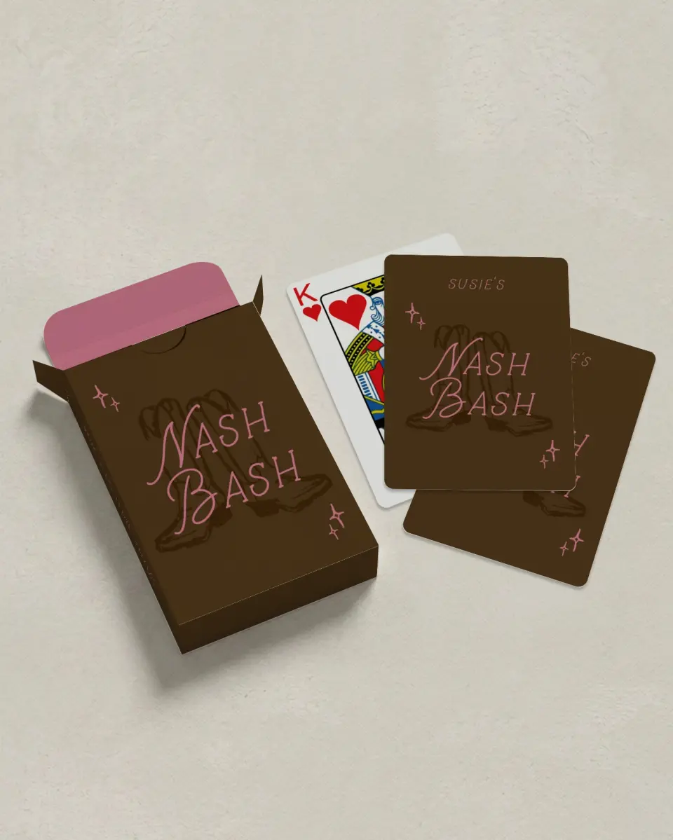 This is a 2.7" x 3.6" box; 2.5" x 3.5" card Wedding Playing Card called Nash Bash printed in full color