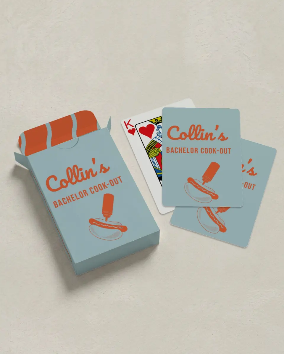 This is a 2.7" x 3.6" box; 2.5" x 3.5" card Wedding Playing Card called Grill Guys printed in full color