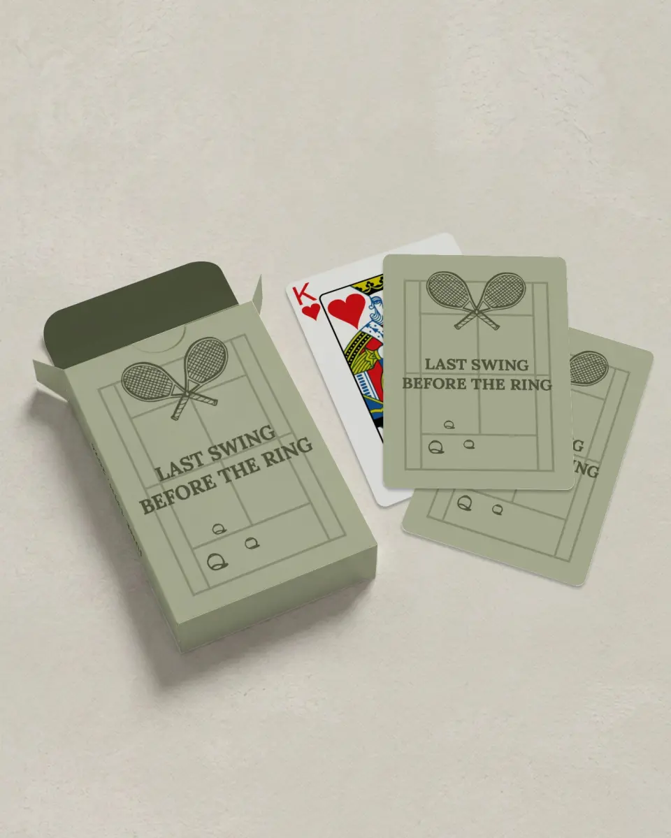This is a 2.7" x 3.6" box; 2.5" x 3.5" card Wedding Playing Card called Final Swing printed in full color