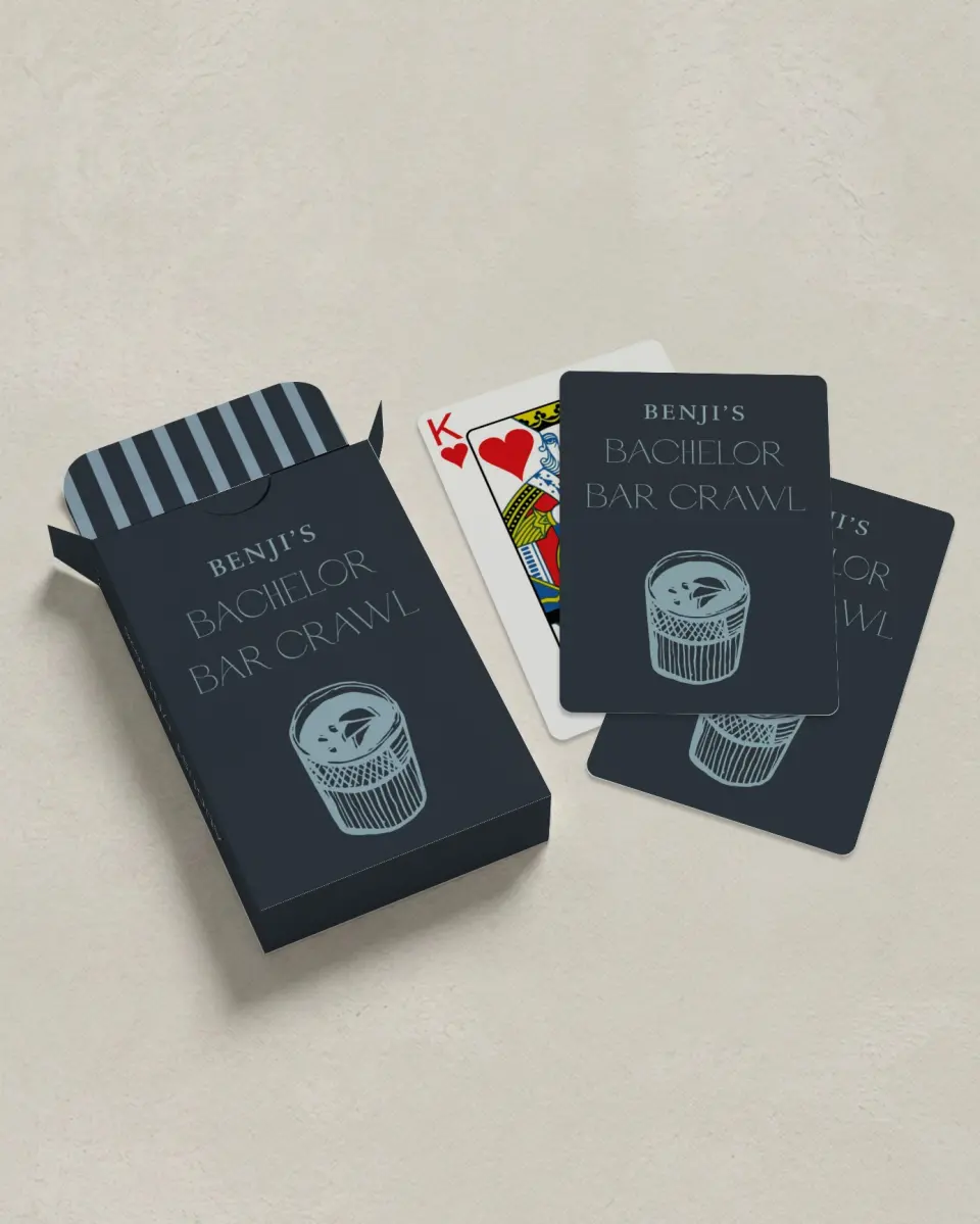 This is a 2.7" x 3.6" box; 2.5" x 3.5" card Wedding Playing Card called Bar Crawl Bach printed in full color