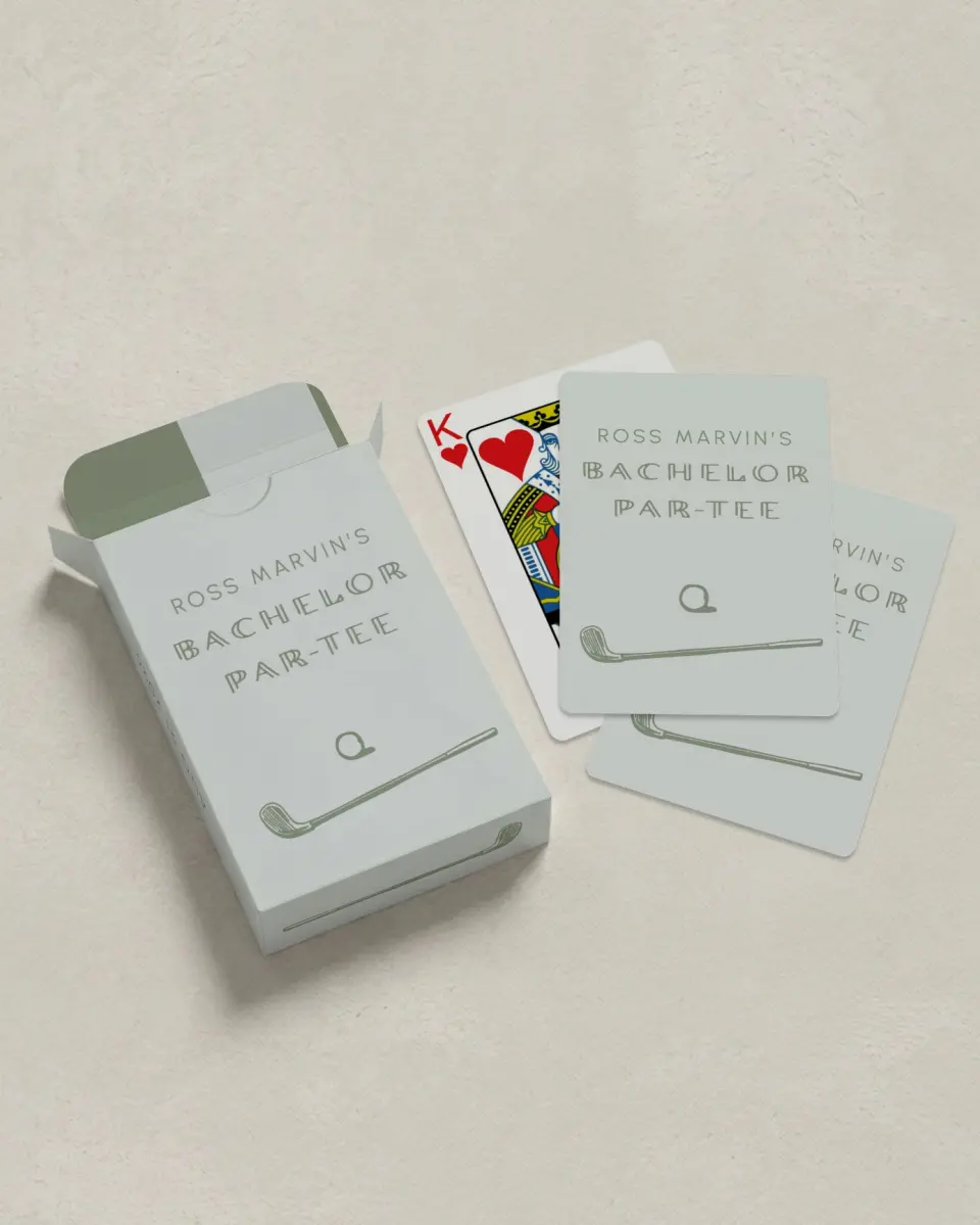 This is a 2.7" x 3.6" box; 2.5" x 3.5" card Wedding Playing Card called Let's Par-Tee printed in full color