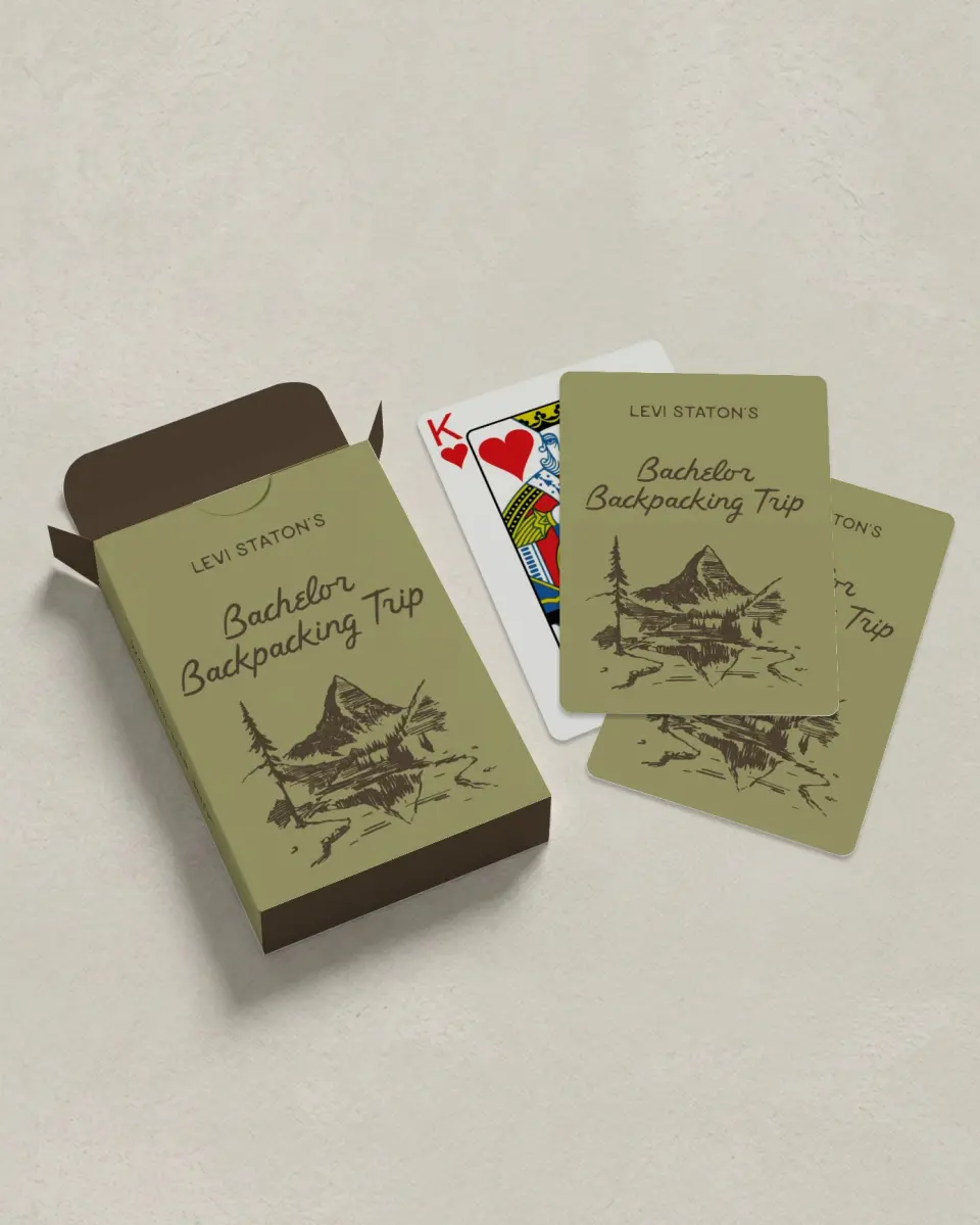This is a 2.7" x 3.6" box; 2.5" x 3.5" card Wedding Playing Card called Backpack Bach printed in full color