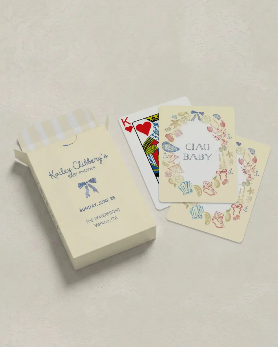 This is a 2.7" x 3.6" box; 2.5" x 3.5" card Wedding Playing Card called Ciao Baby printed in full color