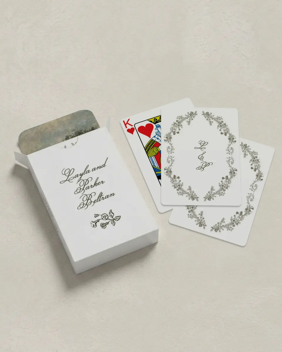 This is a 2.7" x 3.6" box; 2.5" x 3.5" card Wedding Playing Card called Holderness printed in full color with Silver foil